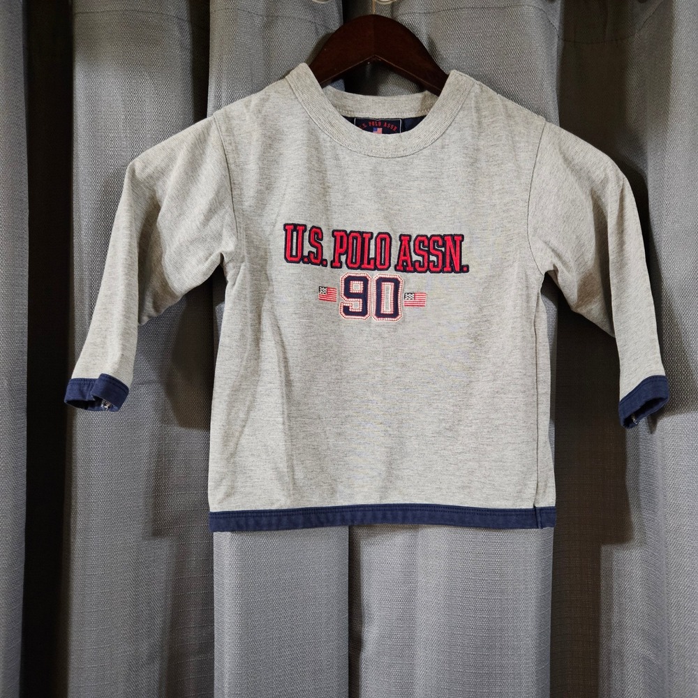 US Polo‎ Assn Kids 2T Long Sleeve Graphic Tee Grey Navy Americana Flag Shirt